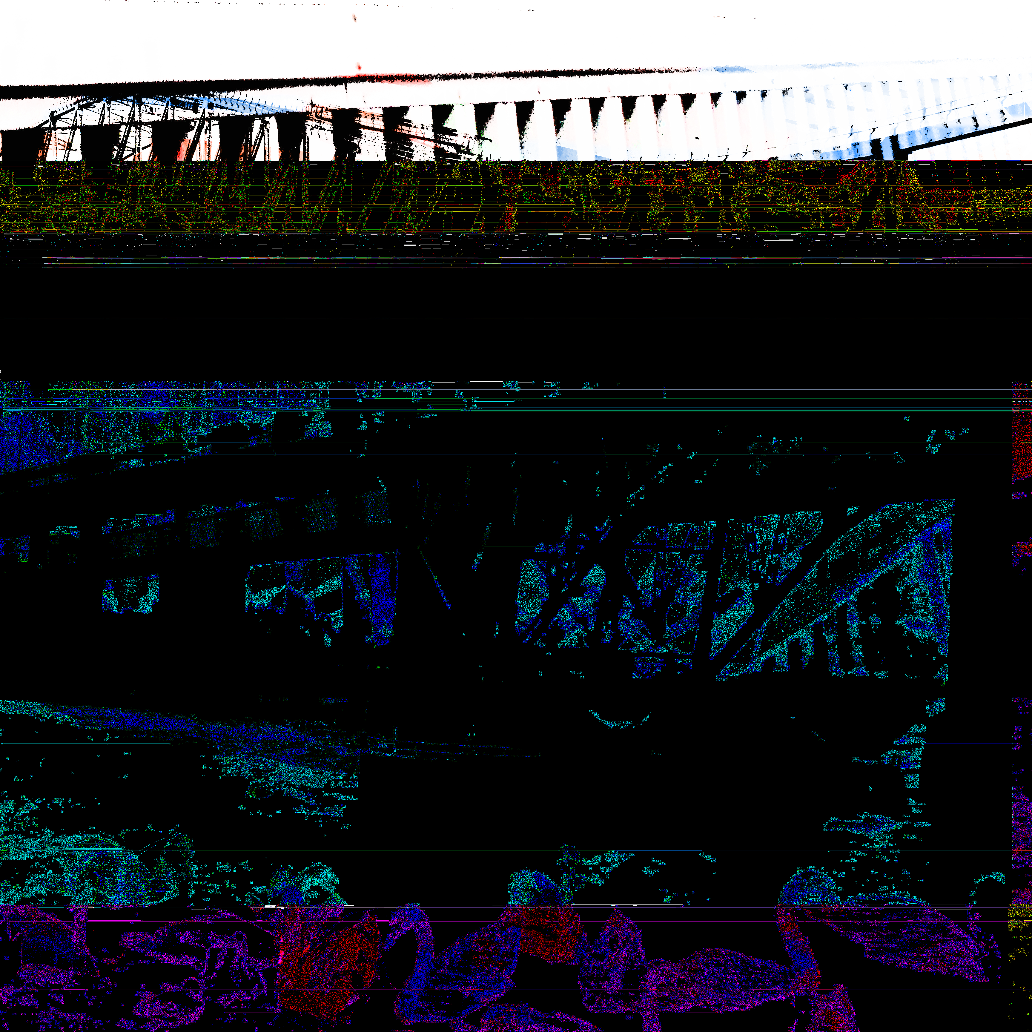 An example of a corrupted image with bright multicoloured visual artifacts distorting the image of a bridge with swans at the bottom of the image.