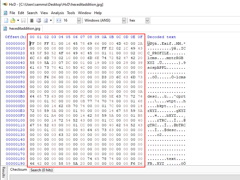 A hex editor with the hexidecimal section with in a red box.